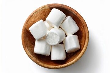 Soft white marshmallows piled in a round wooden bowl, isolated on a white background