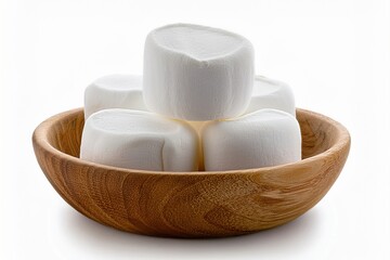 Delicious fluffy marshmallows stacked inside a rustic wooden plate, isolated on white background