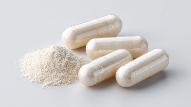 Magnesium supplement. Capsules and powder, representing dietary supplements or pharmaceutical products. - Powered by Adobe