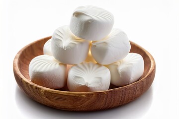 Delicious fluffy marshmallows stacked inside a rustic wooden plate, isolated on white background