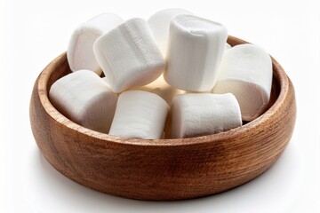 Delicious fluffy marshmallows stacked inside a rustic wooden plate, isolated on white background