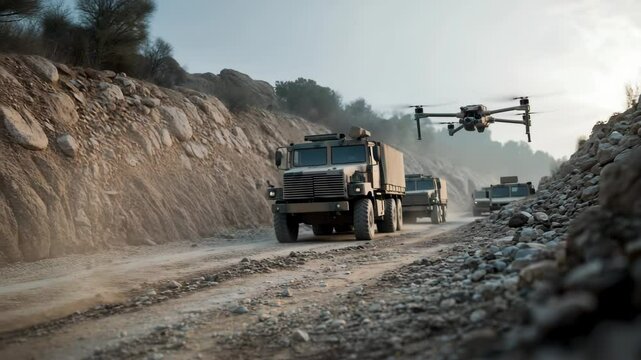 Drones assist military vehicles along rugged terrain in a remote operational area