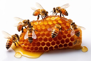 Macro image of active bee colony building honeycomb, glossy honey surfaces, crisp textures of beeswax, isolated on a white background