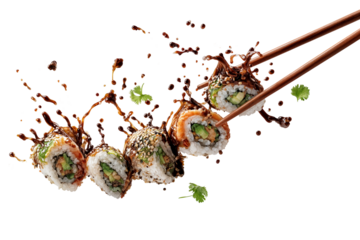 Flying sushi roll with soy sauce splash and chopsticks isolated on transparent background with wasabi and sesame seeds