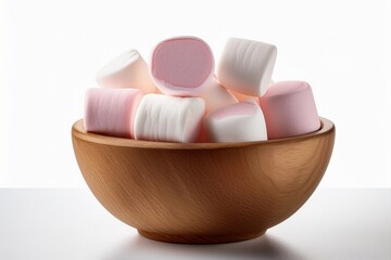 Light pink and white marshmallows in a small round wooden bowl, isolated on a white background
