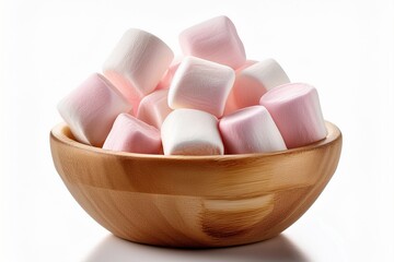 Light pink and white marshmallows in a small round wooden bowl, isolated on a white background