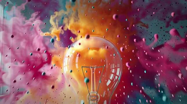 Creative light bulb explodes with colorful paint and splashes on a black background. Think differently creative idea.