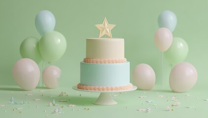 Pastel-toned cake with balloons and confetti