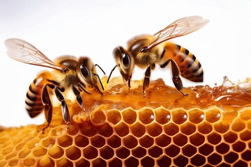 Macro photography of golden honeycomb and bees gathering nectar, isolated on a white background