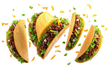 Mexican beef tacos with crispy shells ground meat lettuce and cheese isolated on transparent background
