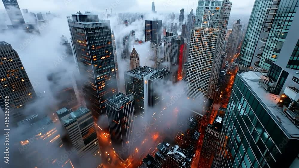 Poster aerial view of a foggy cityscape at dusk with illuminated skyscrapers