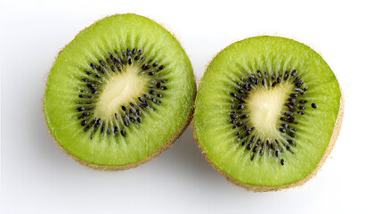 Fototapeta premium Fresh kiwi halves with vibrant green flesh and black seeds, showcasing nature's juicy perfection.