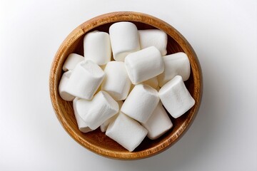 Soft white marshmallows piled in a round wooden bowl, isolated on a white background