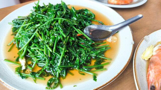 Stir-fried paco fern with spicy chili and oyster sauce served on white plate, healthy vegetable dish.