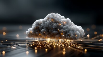 vector design featuring a digital cloud with circuit pathways branching outward to various digital icons, representing distributed data access and cloud-based technology, high detail and symmetry, 