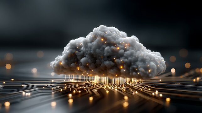 vector design featuring a digital cloud with circuit pathways branching outward to various digital icons, representing distributed data access and cloud-based technology, high detail and symmetry, 