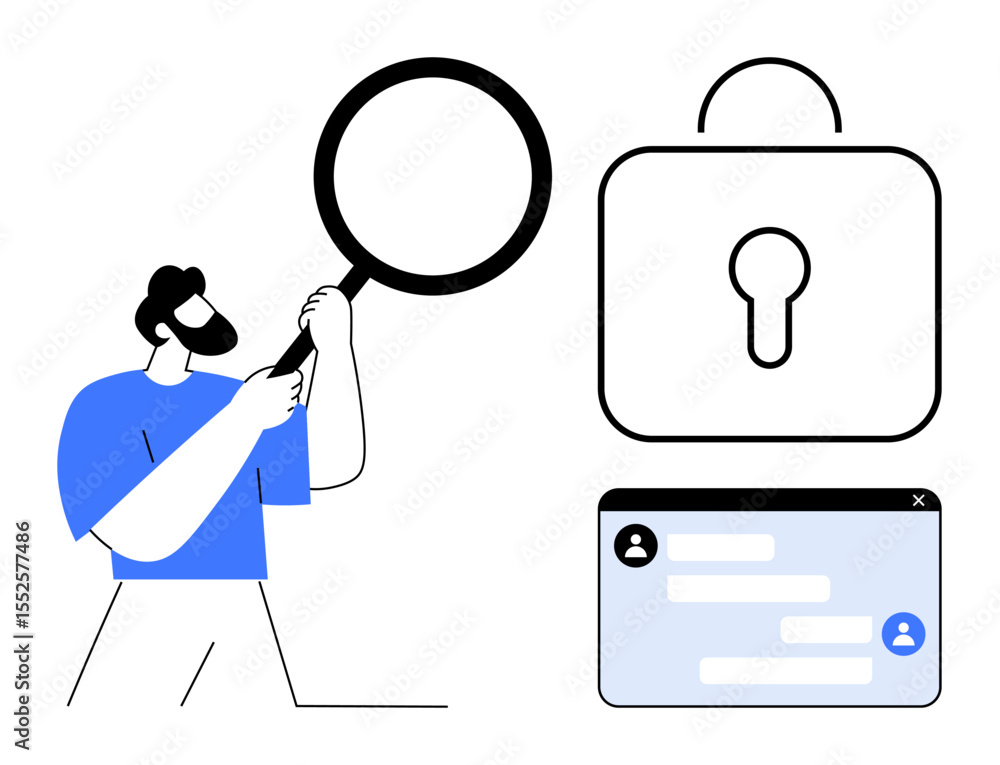 Aufkleber man holding magnifying glass near oversized lock and web interface elements. ideal for cybersecurity
