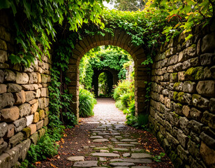 Secret Garden Stone Archway, Ivy Walls, Hidden Pathway