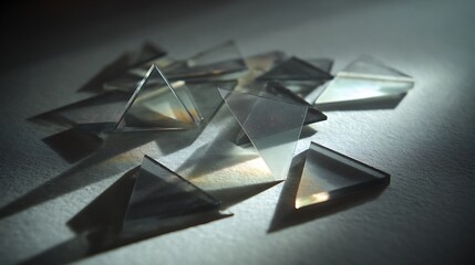 Pile of Clear Glass Triangles with Shadows on Textured White Surface Displayed Artistically