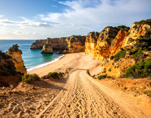 Obraz premium Sandy Road to Secluded Cove Coastal Cliffs & Firefly Sunset