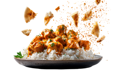 Indian butter chicken curry with basmati rice and flying naan bread isolated on transparent background
