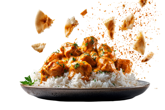 Indian butter chicken curry with basmati rice and flying naan bread isolated on transparent background