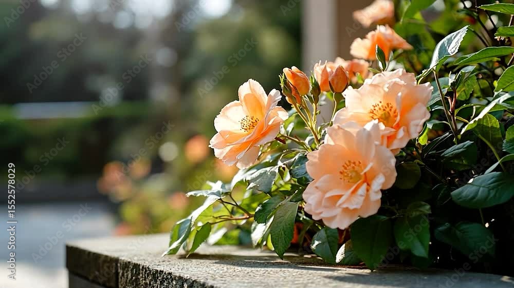 Poster peach roses blooming with green foliage illuminated by soft sunlight in garden setting