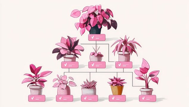 Pink houseplants in a family tree graphic - Powered by Adobe