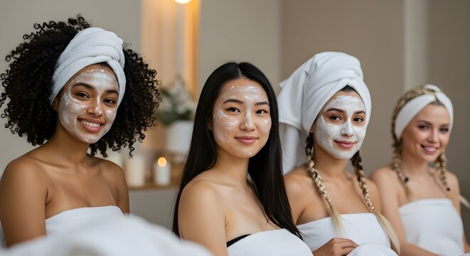 Diverse group of women smiling and enjoying a spa day, wearing facial masks and towels on their heads, relaxing atmosphere, concept of wellness, self-love, and friendship.