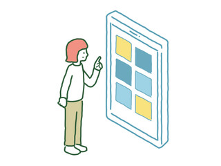 アプリを操作する女性　ベクターイラスト