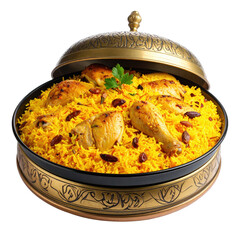 Delicious chicken biryani in a decorative serving dish. cut out. transparent background