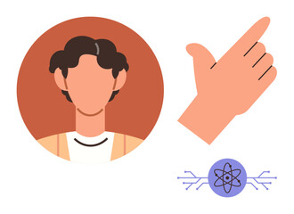 Minimalist portrait with a casual figure, gesturing hand, and atomic diagram with circuit lines. Ideal for science, creativity, innovation, teamwork, education, connection and motivation as a simple