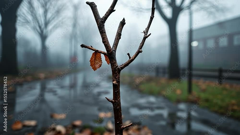 Poster close-up of a bare tree branch with autumn leaves in foggy outdoor setting