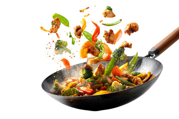 Colorful chicken stir fry with vegetables in hot wok isolated on transparent background with flying ingredients and spices