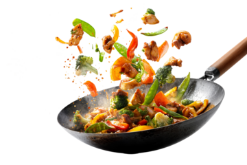 Colorful chicken stir fry with vegetables in hot wok isolated on transparent background with flying ingredients and spices