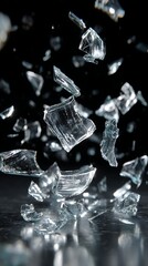 Shattered Glass Pieces Suspended MidAir Against a Black Background with Surface Reflections