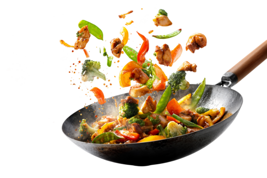 Colorful chicken stir fry with vegetables in hot wok isolated on transparent background with flying ingredients and spices
