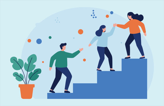 Teamwork and mutual support for business success. People helping each other climb stairs, achieving goals collaboratively.