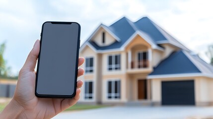 Naklejka premium Hand holding smartphone in front of modern house