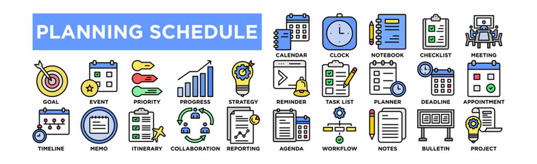 Calendar, Clock, Notebook, Checklist, Meeting, Reminder, Task List, Planner, Deadline, Appointment, Goal, Event, Priority, Progress, Strategy, Agenda, Workflow, Notes, Bulletin, Project, Memo, Timelin
