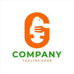 Obraz premium Food logo design that combines the letter g with a fish and fork, using the color orange.