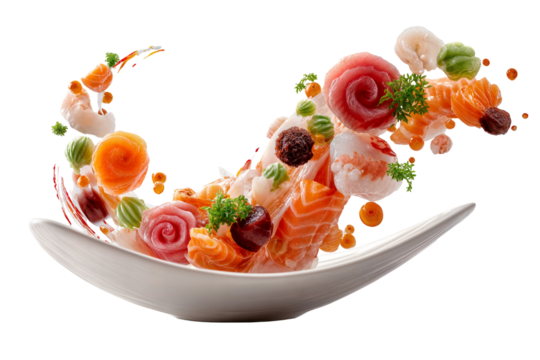 Elegant sashimi and sushi rose arrangement with raw fish and seafood on white plate in flying artistic composition isolated on transparent background - Powered by Adobe