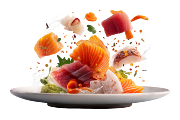 Elegant sashimi and sushi rose arrangement with raw fish and seafood on white plate in flying artistic composition isolated on transparent background