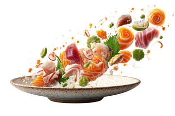 Elegant sashimi and sushi rose arrangement with raw fish and seafood on white plate in flying artistic composition isolated on transparent background