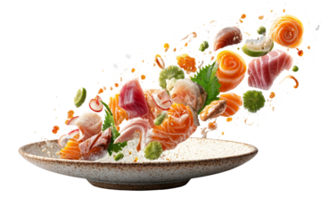 Elegant sashimi and sushi rose arrangement with raw fish and seafood on white plate in flying artistic composition isolated on transparent background