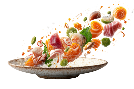 Elegant sashimi and sushi rose arrangement with raw fish and seafood on white plate in flying artistic composition isolated on transparent background