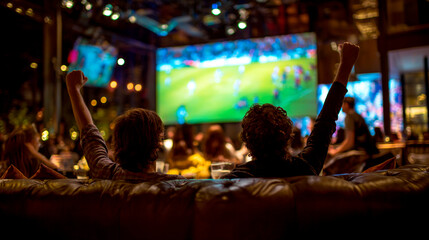 Empty couch with soccer watch party in background, Miami home.