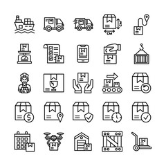 Logistics and delivery icon set representing shipping, handling, and transportation of goods