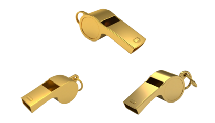 Isolated golden or yellow metal sports whistle on white background