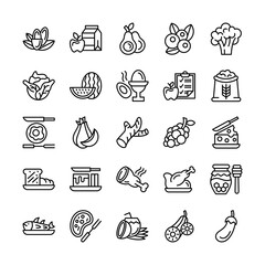 Food and vegetable icon set in line style representing various dishes and healthy foods concepts